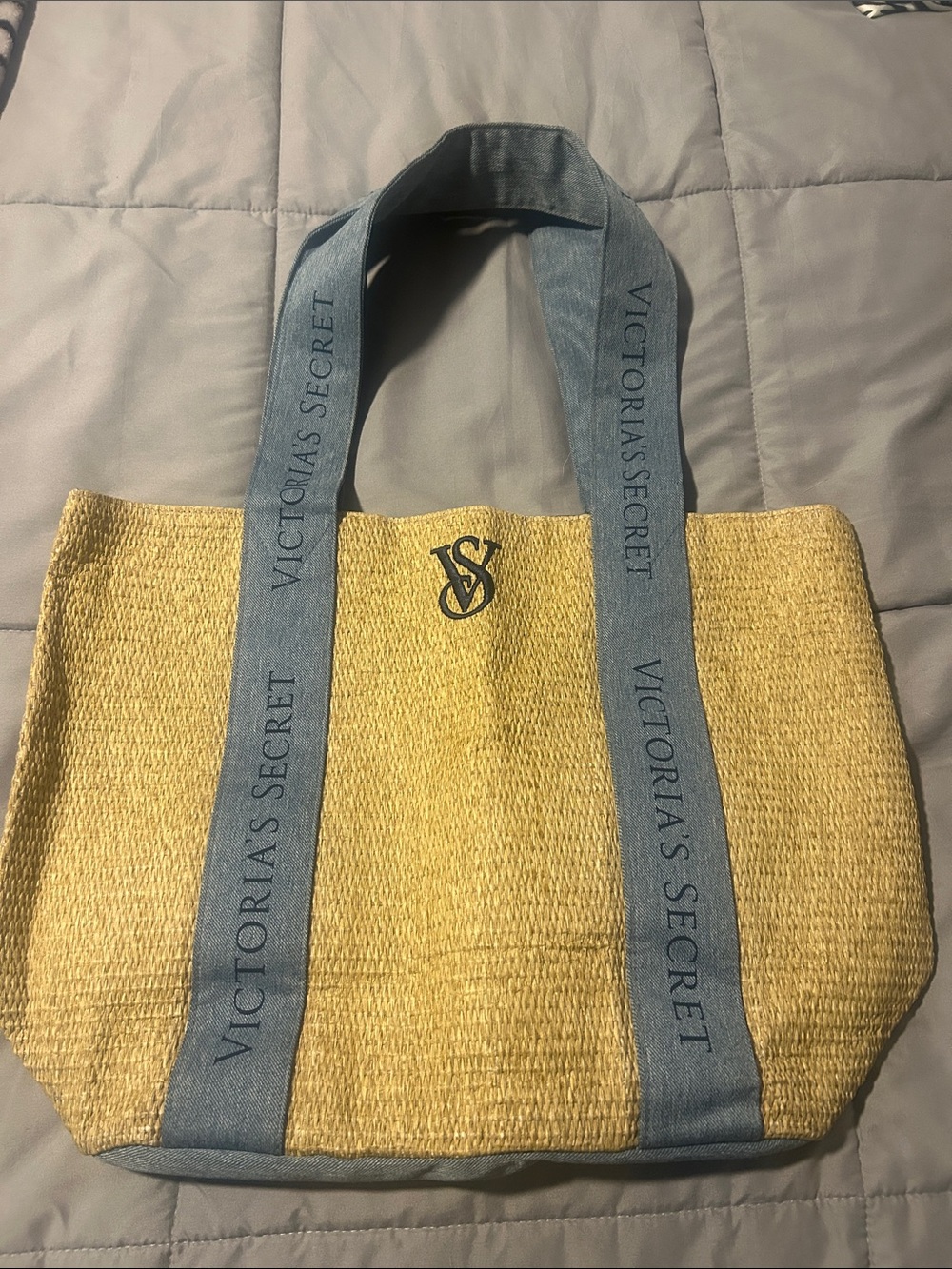 Victoria's Secret Tan Straw Tote with Denim-Blue Straps